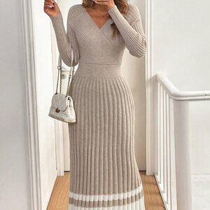 Apricot Elegant Women's Long Knit Sweater Dress